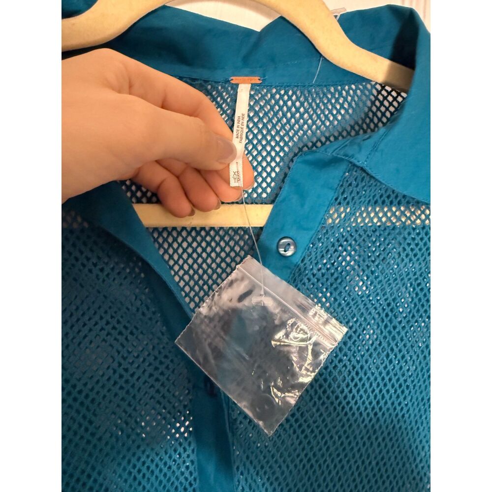 Free People Siggi Button Down Mesh Cotton Shirt Teal Blue Green - Picture 8 of 9